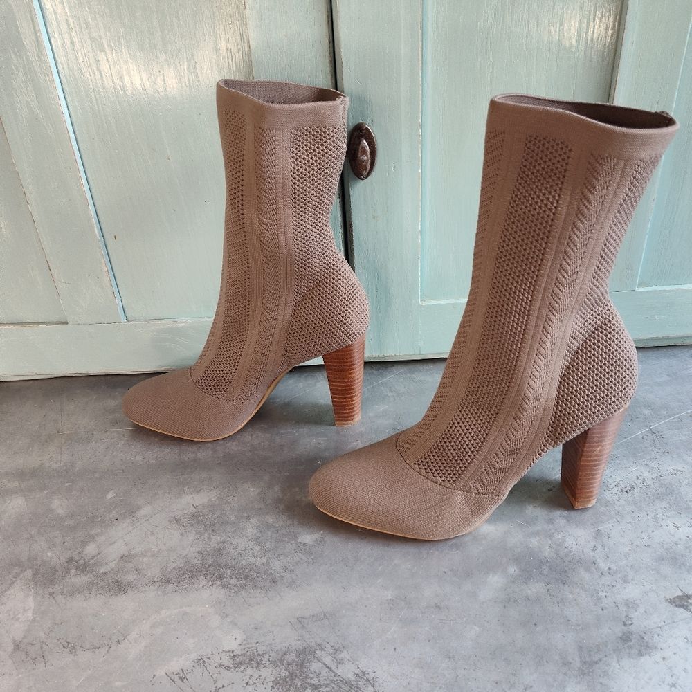 Charles by Charles David Tan Stretchy Knit Pull-on High Heel Boot Size 7M